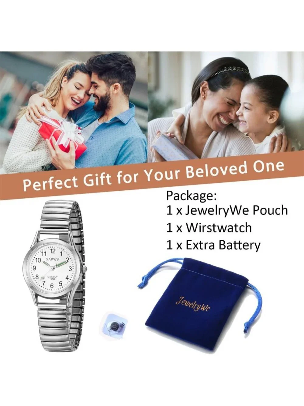 Women's Silver Analog Quartz Luminous Easy Reader Stretch Band Round Wrist Watch